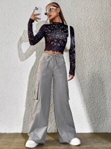 SHEIN Qutie Drawstring Waist Flap Pocket Cargo Pants