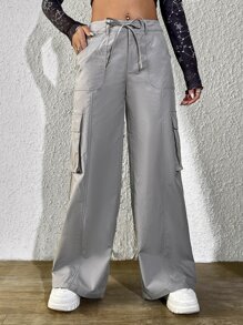 SHEIN Qutie Drawstring Waist Flap Pocket Cargo Pants