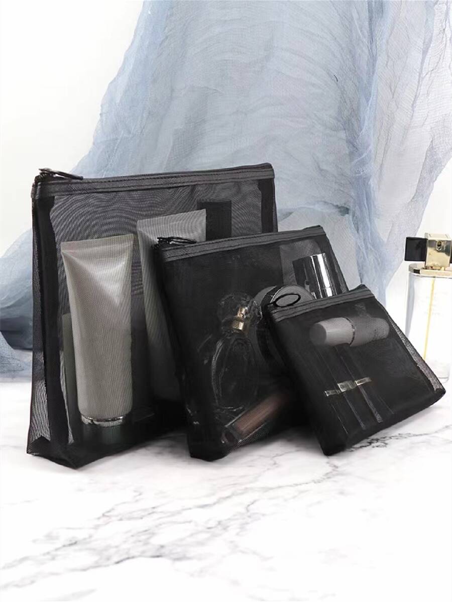 1pc Mesh Solid Toiletry Travel Bag, Black Portable Wash Bag For Travel - Black - View 1