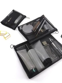 1pc Mesh Solid Toiletry Travel Bag, Black Portable Wash Bag For Travel - Black - View 4