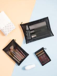 1pc Mesh Solid Toiletry Travel Bag, Black Portable Wash Bag For Travel - Black - View 6