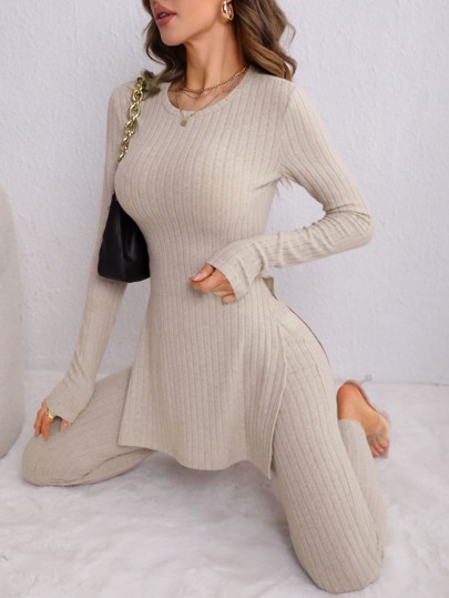 Solid Rib Knit Split Hem Tee & Leggings