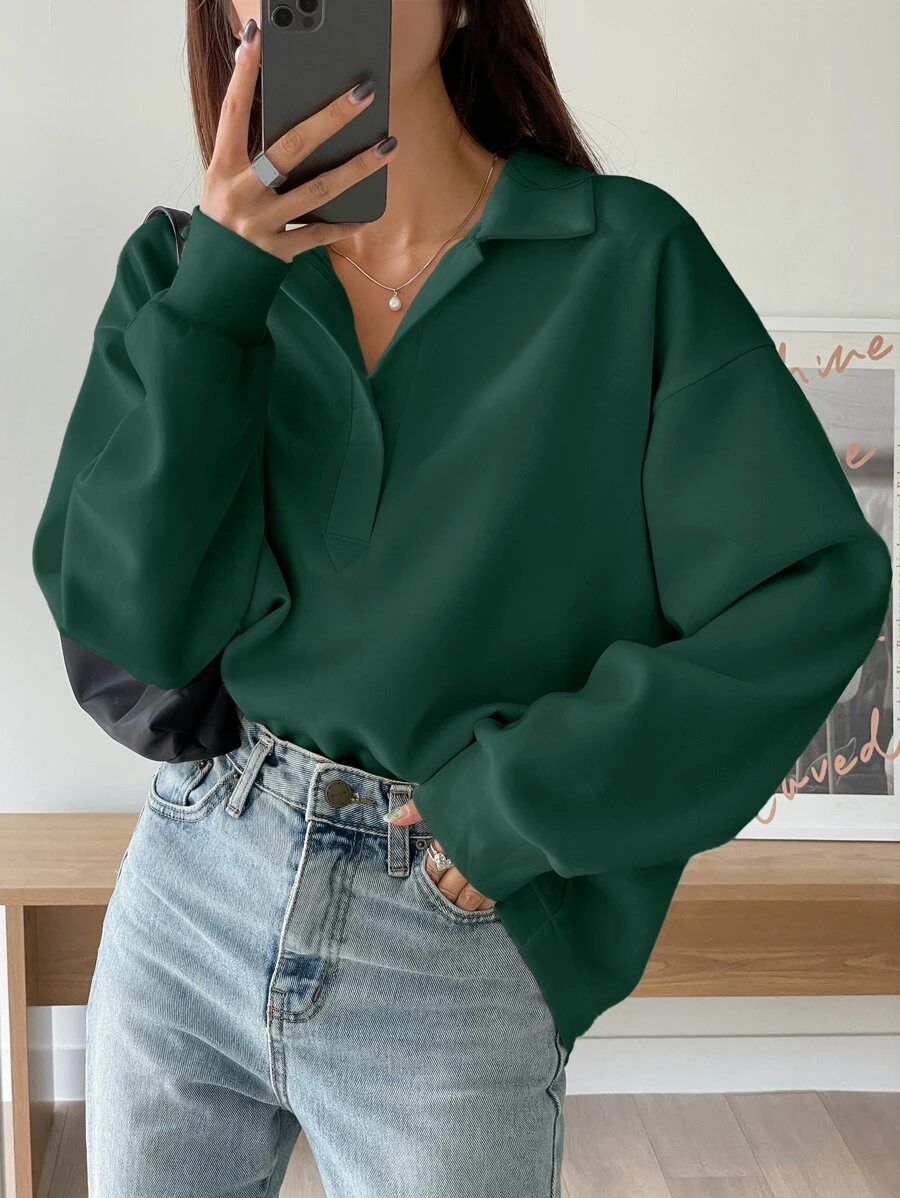 DAZY Half Placket Drop Shoulder Sweatshirt,Fall Clothes - Dark Green - View 1
