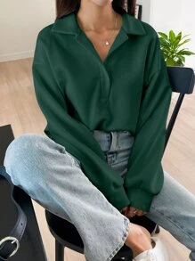 DAZY Half Placket Drop Shoulder Sweatshirt,Fall Clothes - Dark Green - View 2