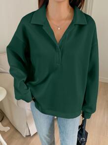 DAZY Half Placket Drop Shoulder Sweatshirt,Fall Clothes - Dark Green - View 4
