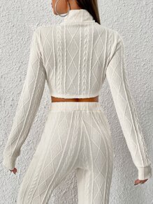 SHEIN EZwear Zip Up Asymmetrical Hem Crop Sweatshirt - Beige - View 3