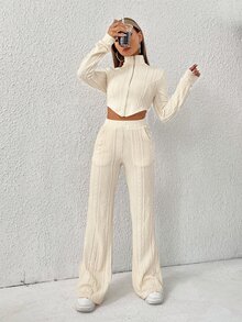 SHEIN EZwear Zip Up Asymmetrical Hem Crop Sweatshirt - Beige - View 4