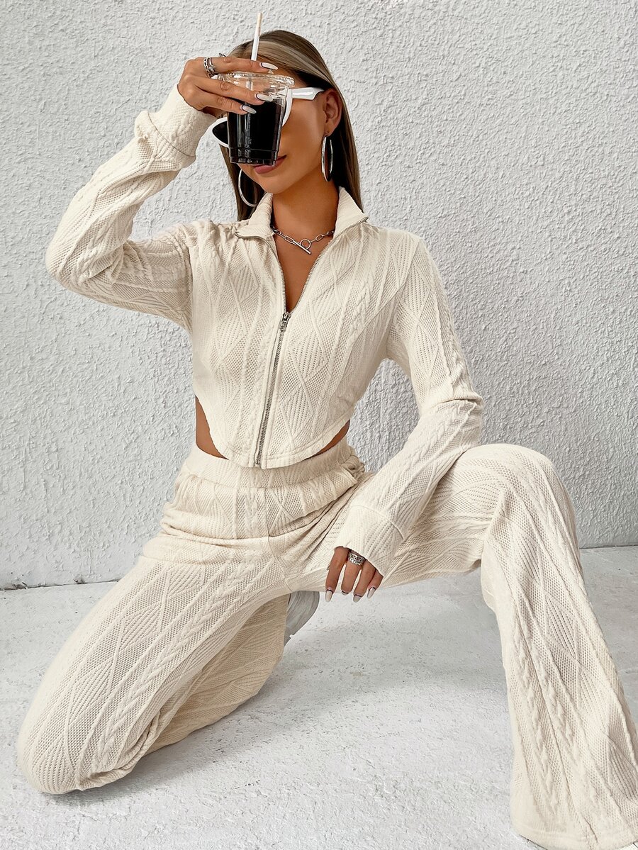 SHEIN EZwear Zip Up Asymmetrical Hem Crop Sweatshirt - Beige - View 1