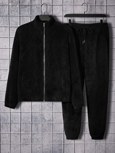 Männer Reißverschluss, Teddy Jacke & Hose mit Tunnelzug