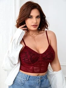 Plus Floral Lace Longline Bralet - Burgundy - View 1