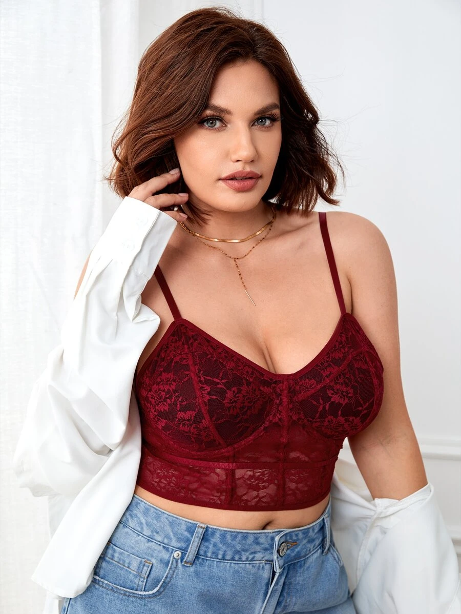 Plus Floral Lace Longline Bralet - Burgundy - View 1