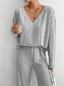 SHEIN PETITE 落肩T恤和褲子 - 灰色 - 查看 3