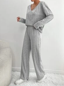 SHEIN PETITE 落肩T恤和褲子 - 灰色 - 查看 4