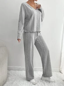 SHEIN PETITE 落肩T恤和褲子 - 灰色 - 查看 5