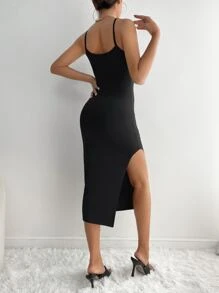 SHEIN PETITE Solid Split Thigh Cami Summ Dress - Black - View 2