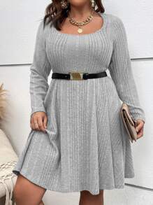 SHEIN LUNE Vestido tejido de canalé de cuello scoop sin cinturón - Gris Claro - Ver 6