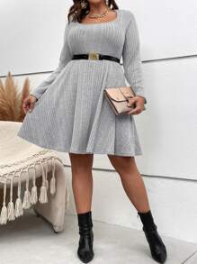 SHEIN LUNE Vestido tejido de canalé de cuello scoop sin cinturón - Gris Claro - Ver 7