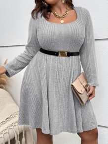 SHEIN LUNE Vestido tejido de canalé de cuello scoop sin cinturón - Gris Claro - Ver 4