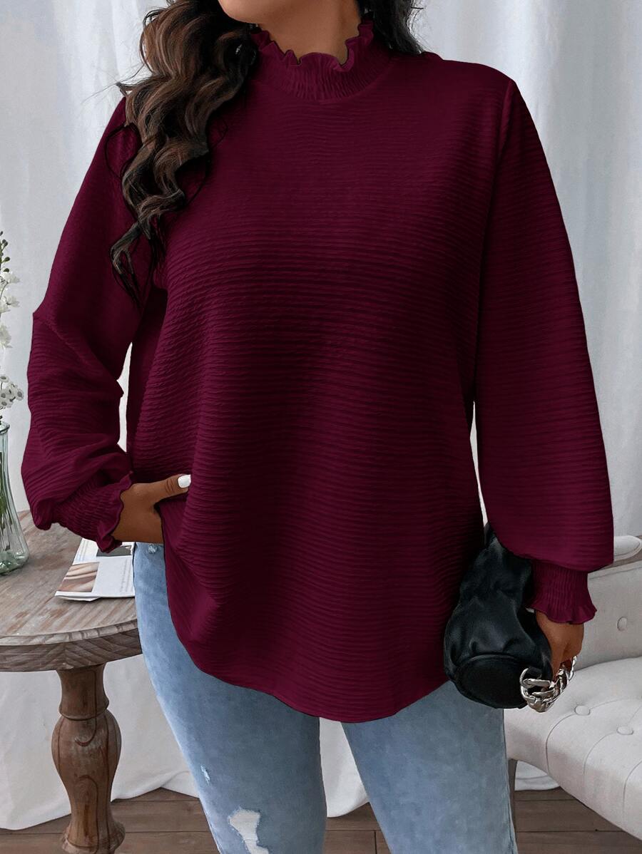 Calvaya Plus Frilled Neck Lantern Sleeve Blouse - Maroon - View 1