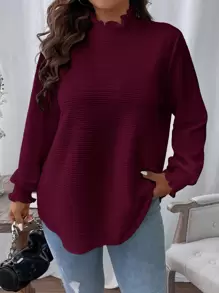 Calvaya Plus Frilled Neck Lantern Sleeve Blouse - Maroon - View 3