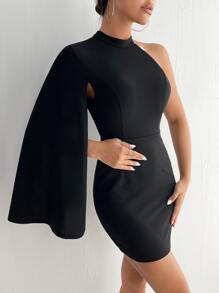 SHEIN PETITE 不對稱領斗篷袖緊身連衣裙 - 黑色 - 查看 5