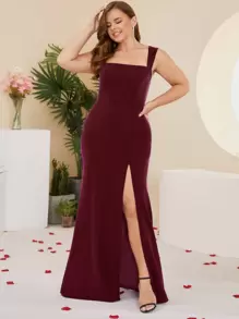 Plus Split Thigh Fitted Dress Formal Dresses Curve - Burgundy - View 1