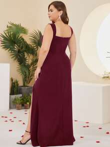 Plus Split Thigh Fitted Dress Formal Dresses Curve - Burgundy - View 2