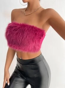 SHEIN PETITE Solid Fuzzy Crop Tube Top - Hot Pink - View 3