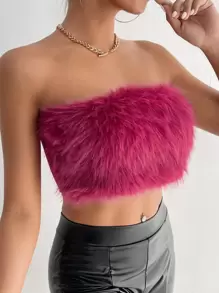 SHEIN PETITE Solid Fuzzy Crop Tube Top - Hot Pink - View 4