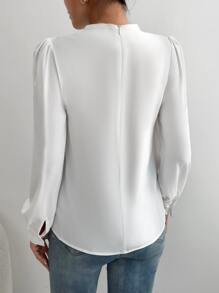 SHEIN PETITE 素色小高領燈籠袖襯衫 - 白色 - 查看 2