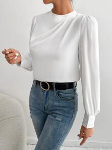 SHEIN PETITE 素色小高領燈籠袖襯衫 - 白色 - 查看 3