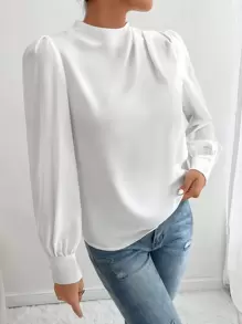 SHEIN PETITE 素色小高領燈籠袖襯衫 - 白色 - 查看 4