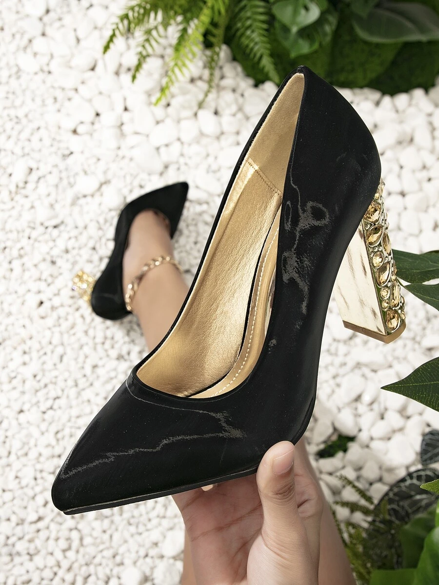 Satin Point Toe Chunky Heeled Court Pumps - Black - View 1