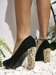 Satin Point Toe Chunky Heeled Court Pumps - Black - View 3