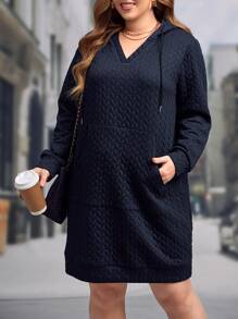 SHEIN LUNE Plus Kangaroo Pocket Drawstring Hoodie Dress - Navy Blue - View 1