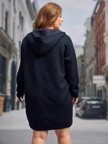 SHEIN LUNE Plus Kangaroo Pocket Drawstring Hoodie Dress - Navy Blue - View 2