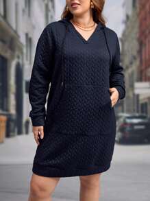 SHEIN LUNE Plus Kangaroo Pocket Drawstring Hoodie Dress - Navy Blue - View 5