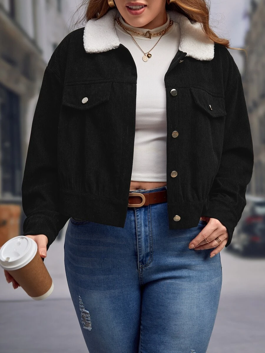 SHEIN LUNE Plus Borg Collar Drop Shoulder Corduroy Jacket - Black - View 1