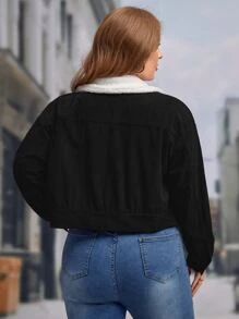 SHEIN LUNE Plus Borg Collar Drop Shoulder Corduroy Jacket - Black - View 2