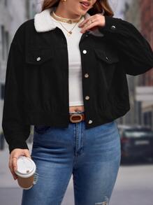 SHEIN LUNE Plus Borg Collar Drop Shoulder Corduroy Jacket - Black - View 3