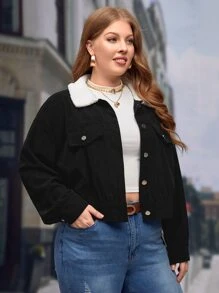 SHEIN LUNE Plus Borg Collar Drop Shoulder Corduroy Jacket - Black - View 4
