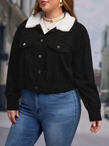 SHEIN LUNE Plus Borg Collar Drop Shoulder Corduroy Jacket - Black - View 5