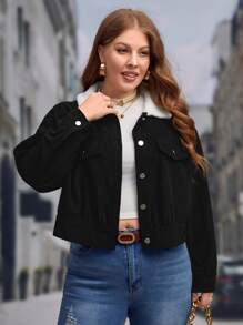 SHEIN LUNE Plus Borg Collar Drop Shoulder Corduroy Jacket - Black - View 6