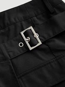 SHEIN MOD 翻蓋口袋搭扣側百褶半身裙 - 黑色 - 查看 2