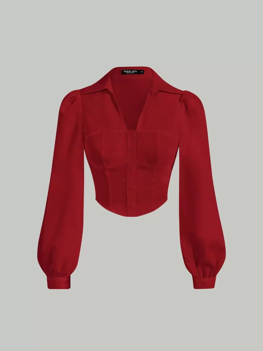 SHEIN MOD Lantern Sleeve Button Front Slim Fit Red Shirt,Long Sleeve Tops - Red - View 1