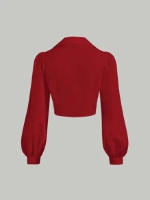 SHEIN MOD Lantern Sleeve Button Front Slim Fit Red Shirt,Long Sleeve Tops - Red - View 2