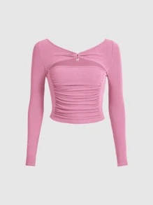 SHEIN MOD Butterfly Metal Decor Ruched Front Cut Out Crop Tee - Pink - View 1