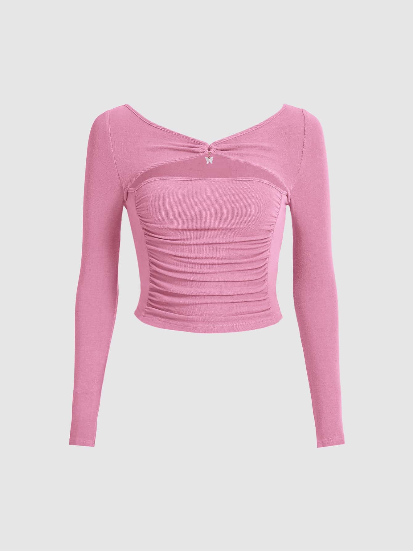 SHEIN MOD Butterfly Metal Decor Ruched Front Cut Out Crop Tee - Pink - View 1