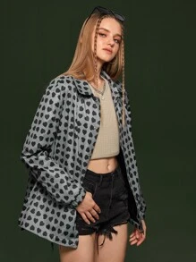 Manfinity 1pc Loose Fit Allover Heart Printed Zip Up Coat - Multicolor - View 3