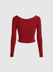 SHEIN MOD 前收褶鏤空短款T恤 - 紅色 - 查看 2